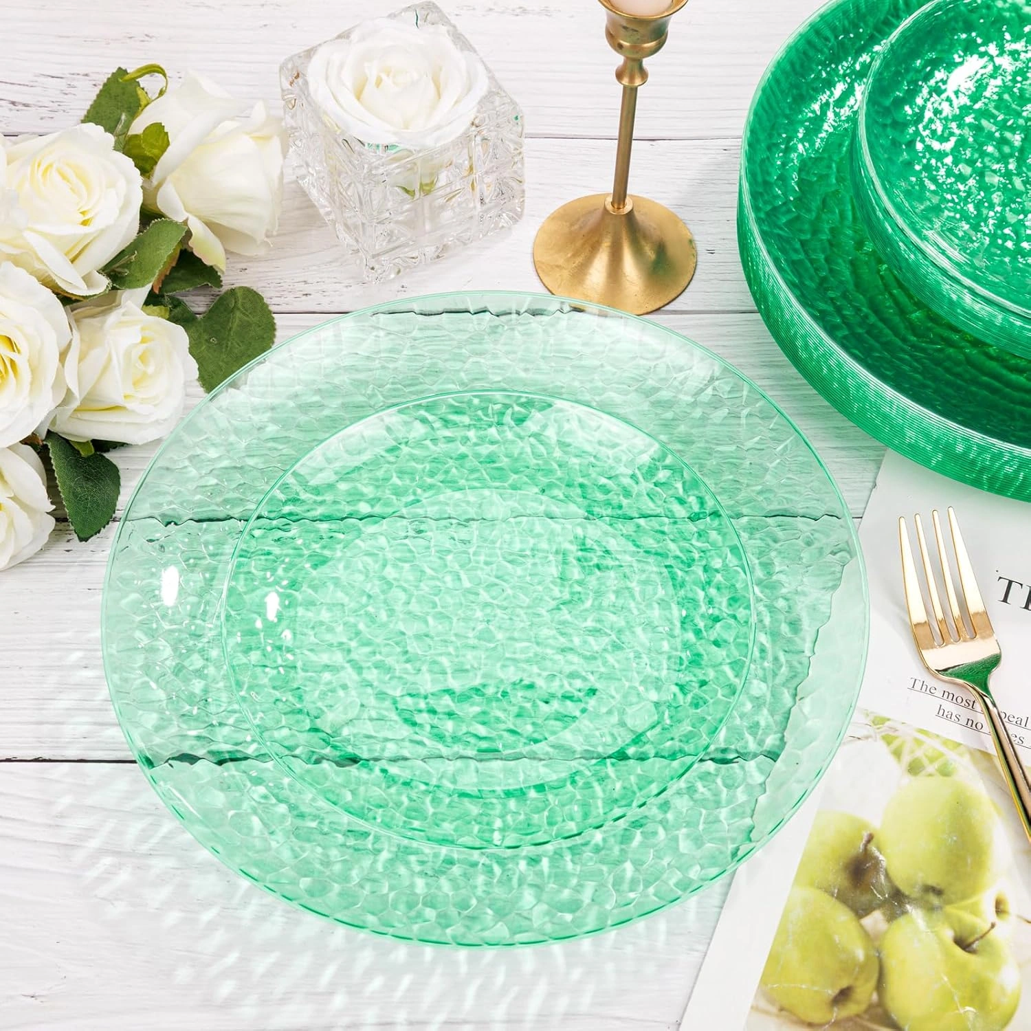 Clear Green Plastic Plates,Disposable Plates With Rim,Heavy-duty Plates,Hammered Party Plates Include 30Clear Dessert-Platos,30Dinner-Platos for Wedding, Party (100 Pieces) — view 13