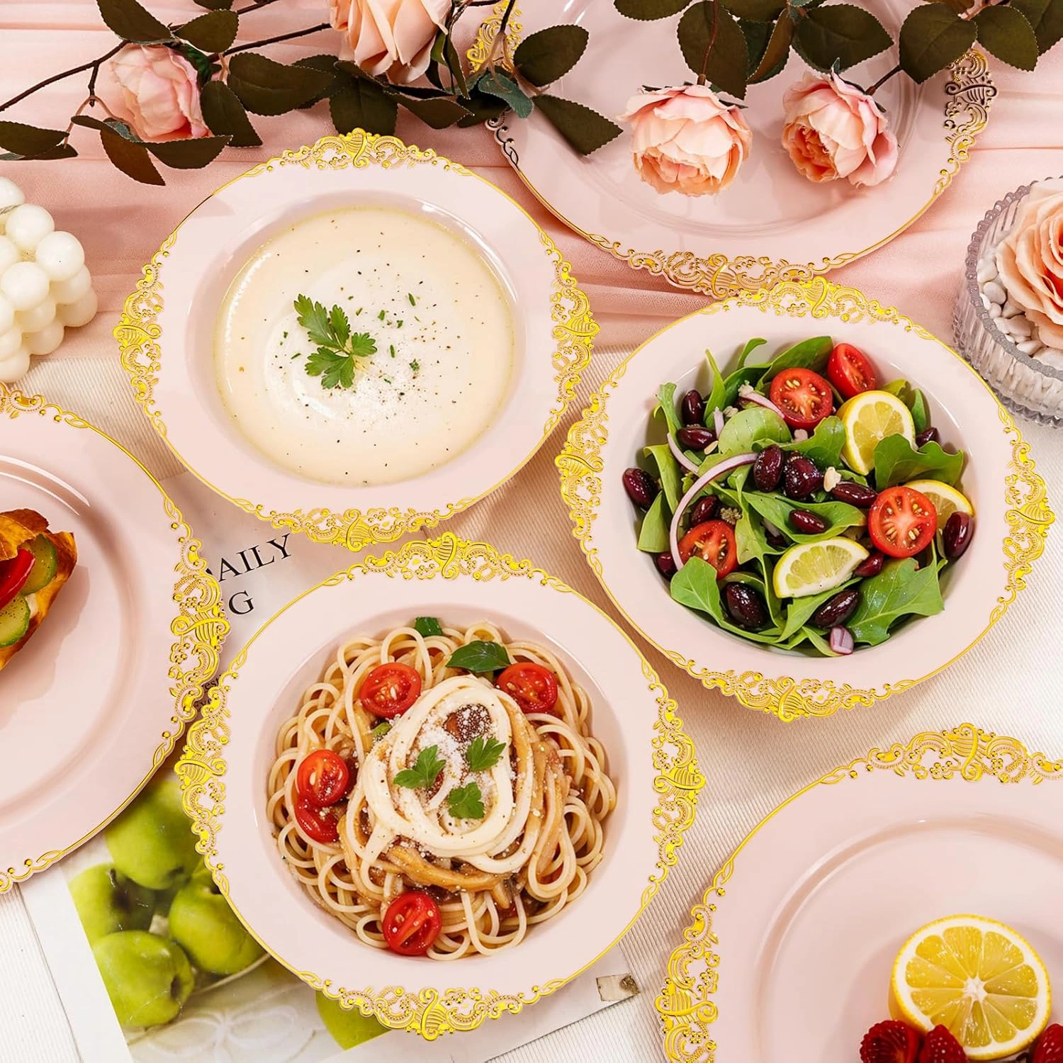 Pink Plastic Bowls- 12 oz White Disposable Salad Bowls — view 15
