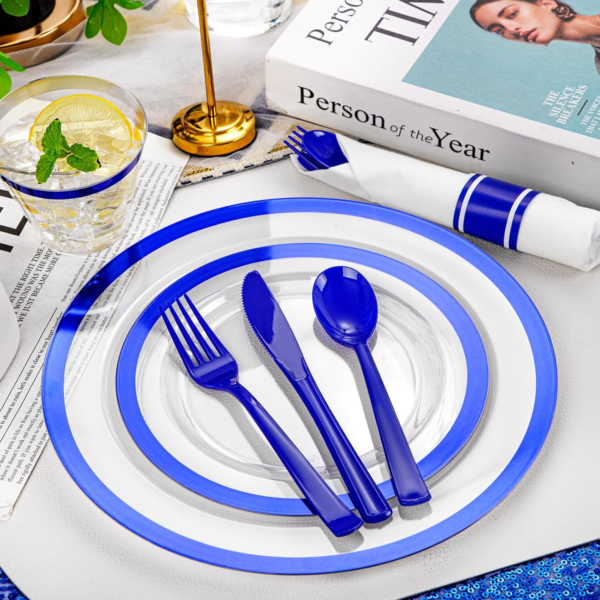 Clear Blue Dark Plastic Plates, Disposable Plates for , Dinnerware Include 50 Dinner Plates 50 Dessert Plates, 50 Cups, 50 Pre Rolled Napkins with Cutlery Set for Party — view 15