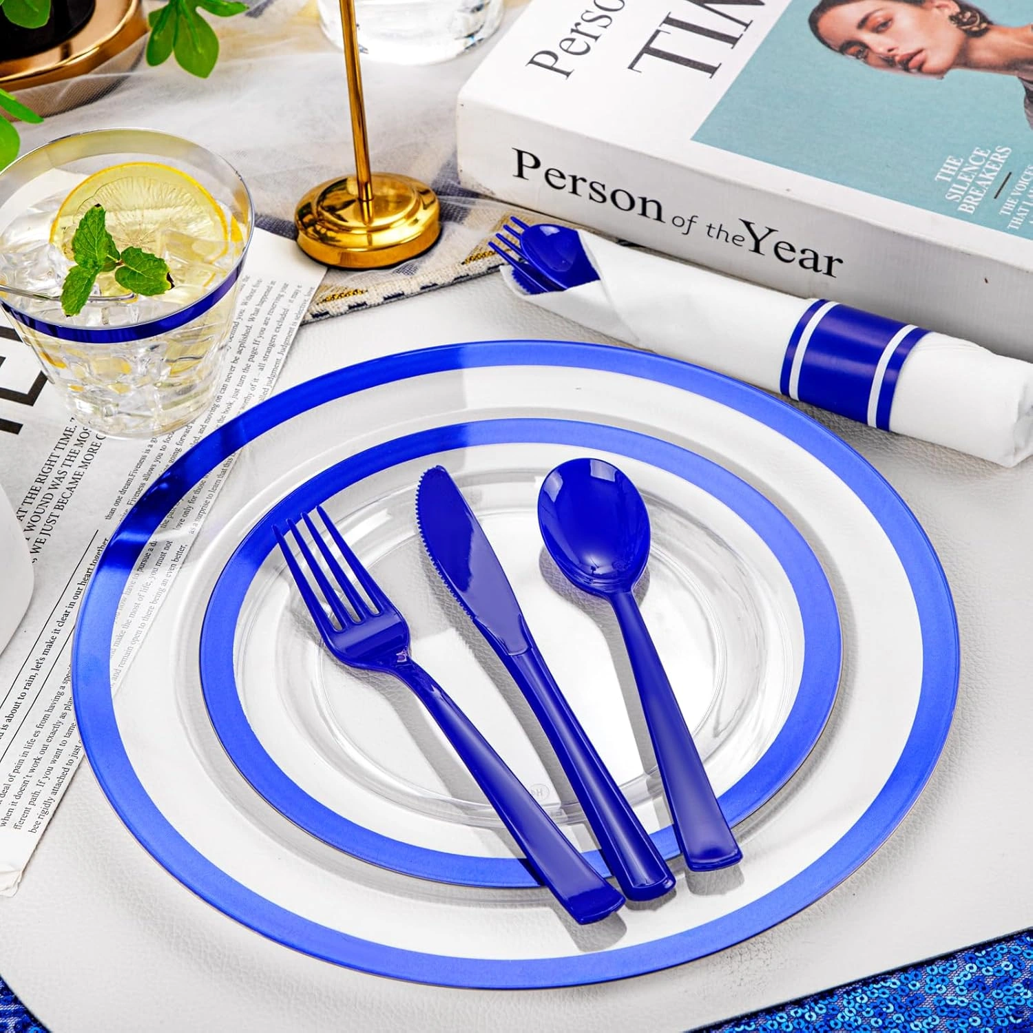 Clear Blue Dark Plastic Plates, Disposable Plates for , Dinnerware Include 50 Dinner Plates 50 Dessert Plates, 50 Cups, 50 Pre Rolled Napkins with Cutlery Set for Party — view 15