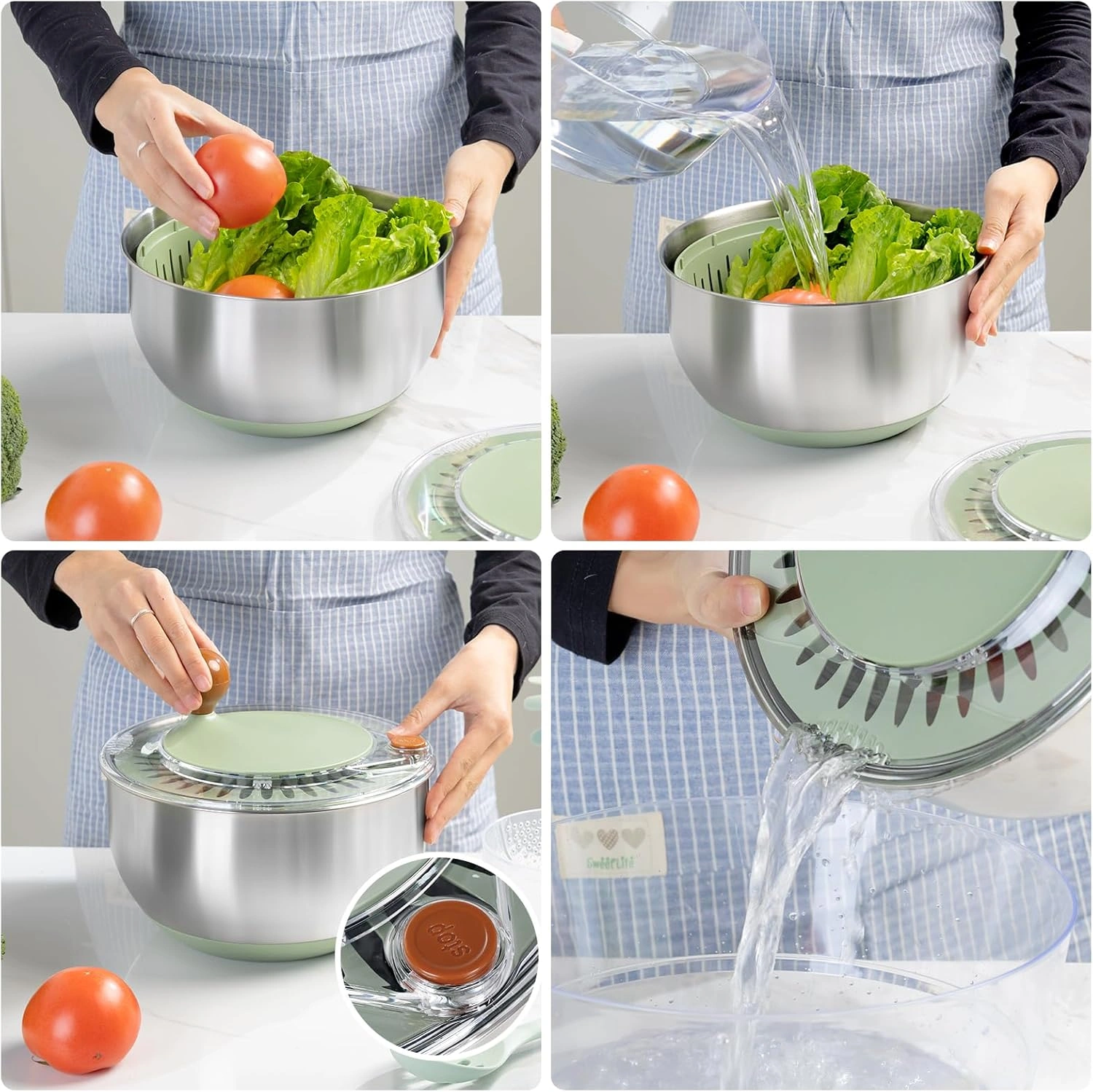 Vibrant Green Salad Spinner Stainless Steel Large,Vegetable Washer with 5.3 Qt Bowl,Salad Chopper Bowl,Nesting Bowls with Graters,Large Mixing Bowl Bowls for Kitchen With 5 Grater — view 13