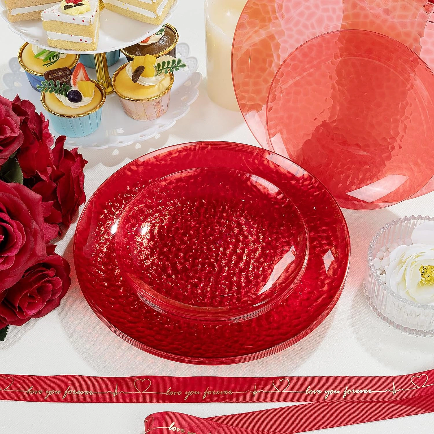 Clear Red Plastic Plates,Disposable Plates With Rim,Heavy-duty Plates,Hammered Party Plates Include 30Clear Dessert-Platos,30Dinner-Platos for Wedding, Party (60 Pieces) — view 12