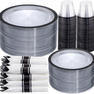 Clear Black Dark Plastic Plates, Disposable Plates for , Dinnerware Include 50 Dinner Plates 50 Dessert Plates, 50 Cups, 50 Pre Rolled Napkins with Cutlery Set for Party — view 9