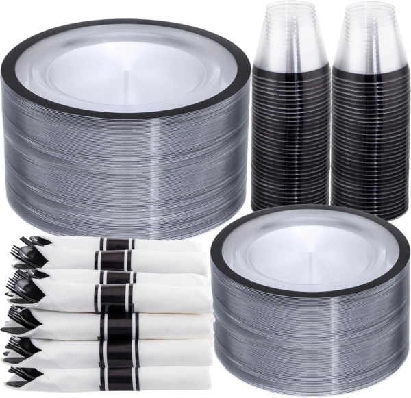 Clear Black Dark Plastic Plates, Disposable Plates for , Dinnerware Include 50 Dinner Plates 50 Dessert Plates, 50 Cups, 50 Pre Rolled Napkins with Cutlery Set for Party — view 9