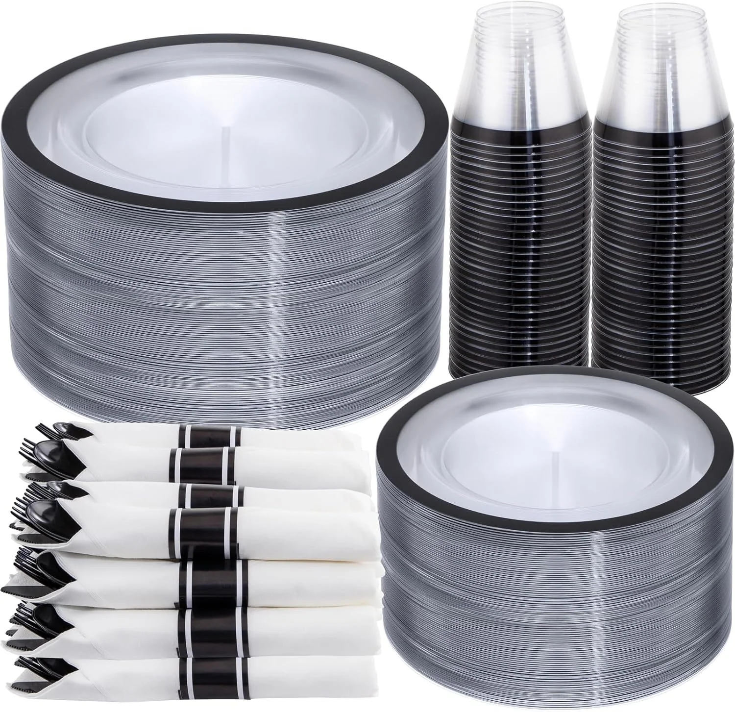 Clear Black Dark Plastic Plates, Disposable Plates for , Dinnerware Include 50 Dinner Plates 50 Dessert Plates, 50 Cups, 50 Pre Rolled Napkins with Cutlery Set for Party — view 9