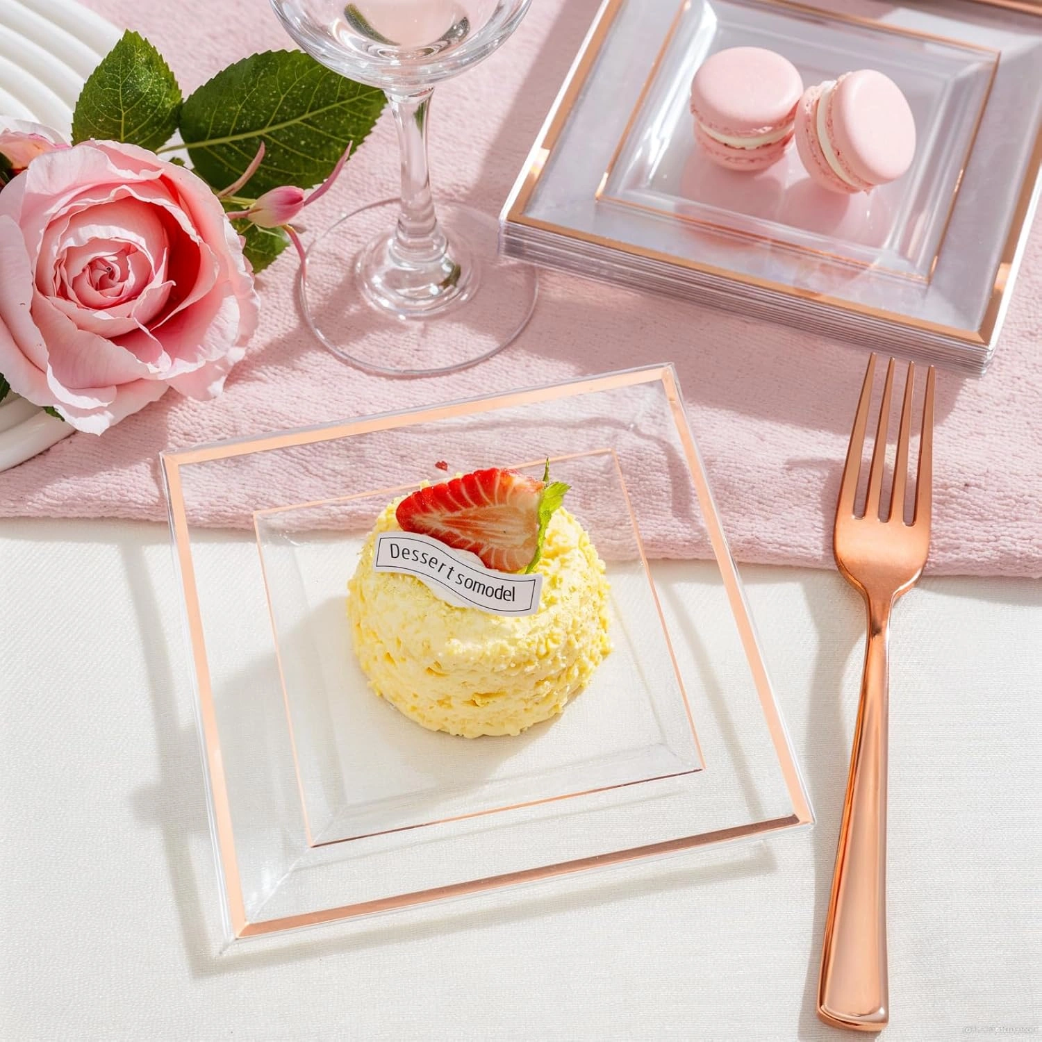 Clear Rose Gold Square Plastic Plates-6inch Disposable Cake Plates- Premium Hard Square Small Appetizer Plates for Wedding/Party — view 14