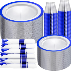 Clear Blue Dark Plastic Plates, Disposable Plates for , Dinnerware Include 50 Dinner Plates 50 Dessert Plates, 50 Cups, 50 Pre Rolled Napkins with Cutlery Set for Party — view 11