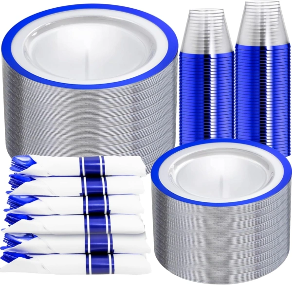Clear Blue Dark Plastic Plates, Disposable Plates for , Dinnerware Include 50 Dinner Plates 50 Dessert Plates, 50 Cups, 50 Pre Rolled Napkins with Cutlery Set for Party — view 11