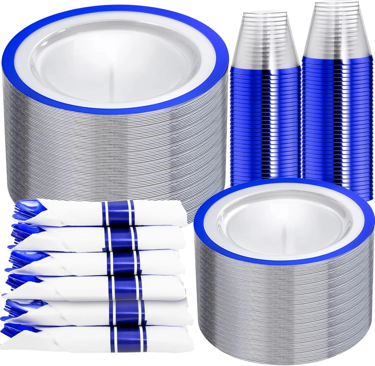 Clear Blue Dark Plastic Plates, Disposable Plates for , Dinnerware Include 50 Dinner Plates 50 Dessert Plates, 50 Cups, 50 Pre Rolled Napkins with Cutlery Set for Party — view 11