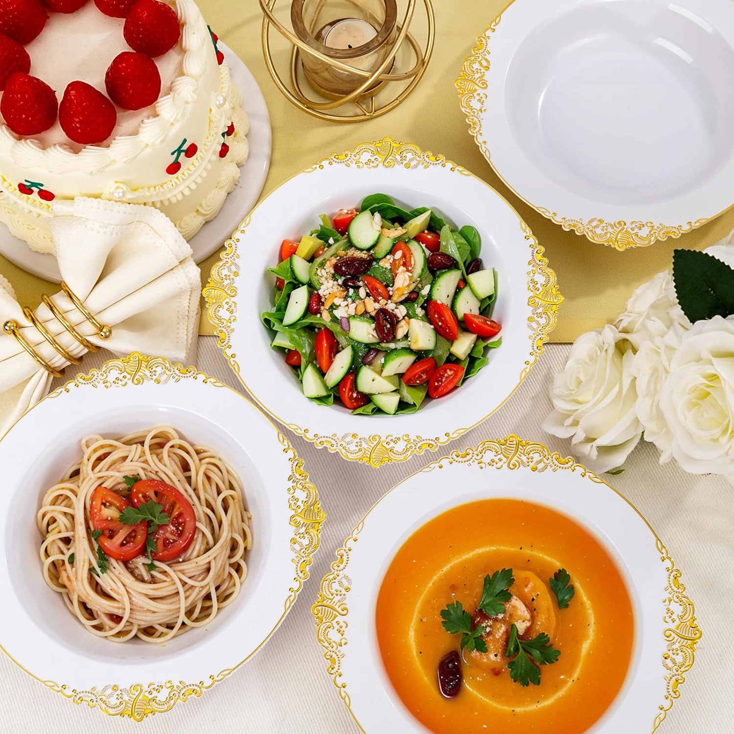 Gold Plastic Bowls- 12 oz White Disposable Salad Bowls — view 15
