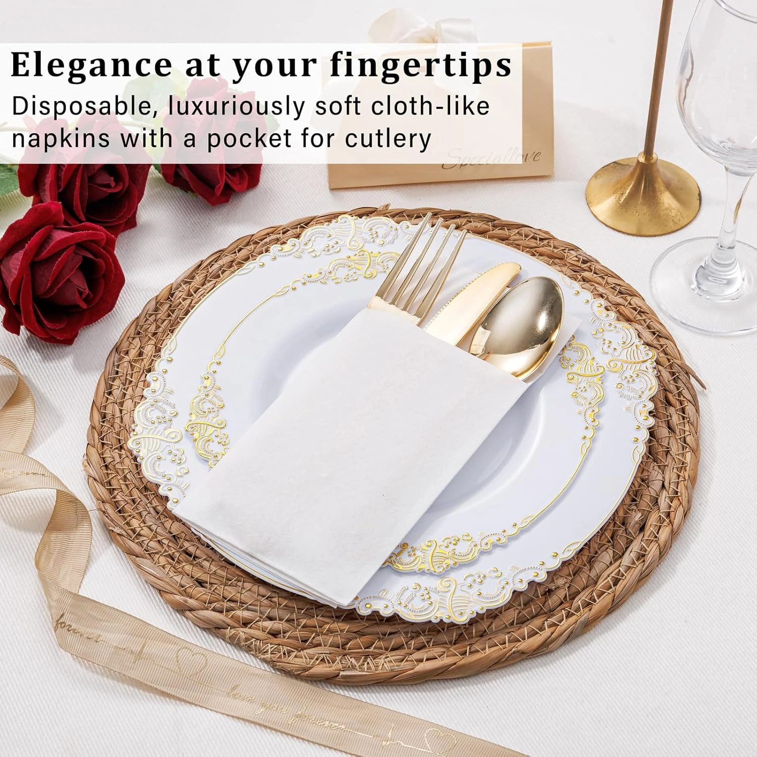 White Paper Napkins with Built-in Flatware Pocket — view 15