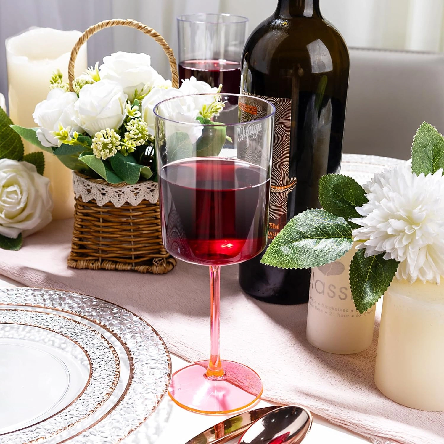 Clear Plastic Wine Glasses with Pink Stem (10 oz, 12 Pack) — view 12
