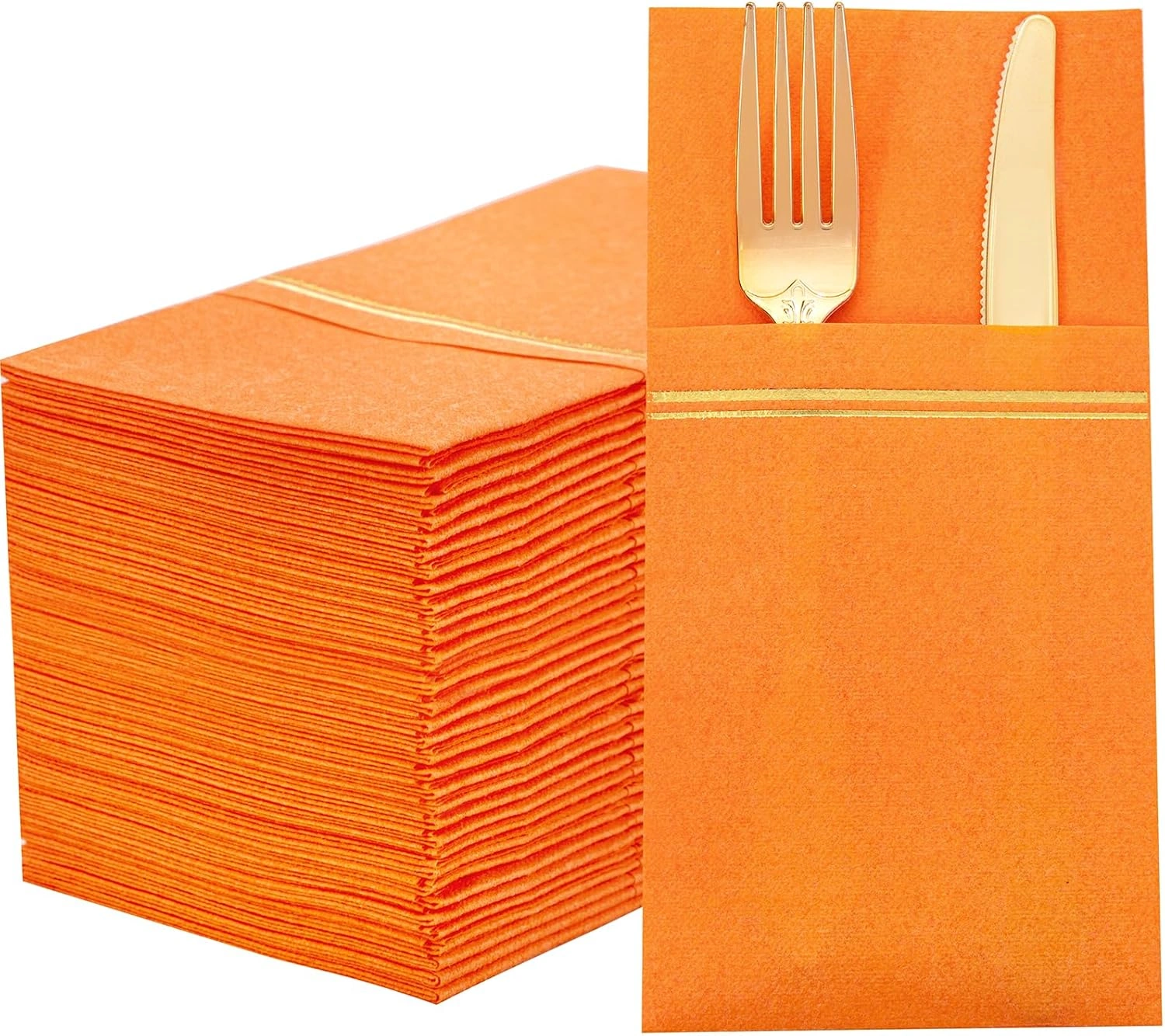 Orange Paper Napkins with Built-in Flatware Pocket — view 11