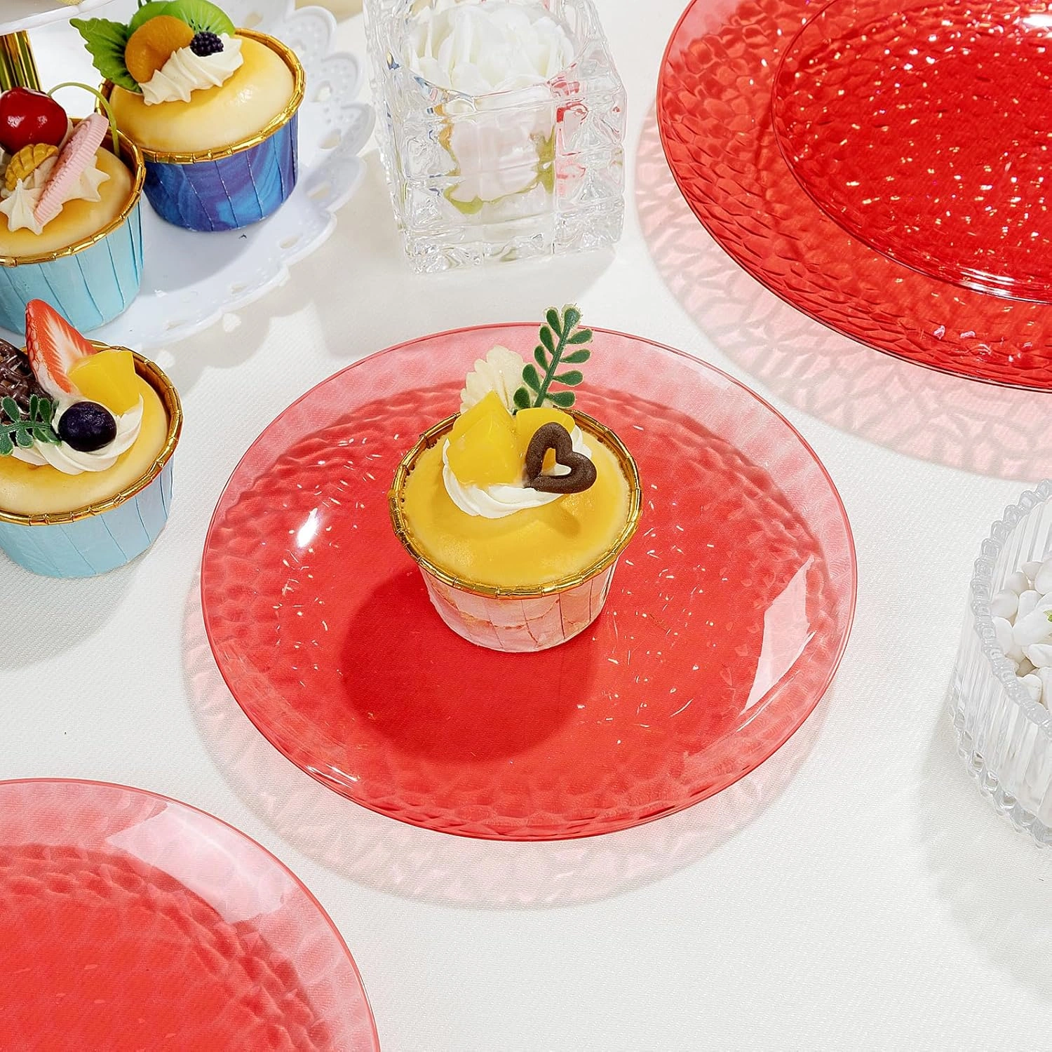 Clear Red Plastic Plates,Disposable Plates With Rim,Heavy-duty Plates,Hammered Party Plates Include 30Clear Dessert-Platos,30Dinner-Platos for Wedding, Party (60 Pieces) — view 16