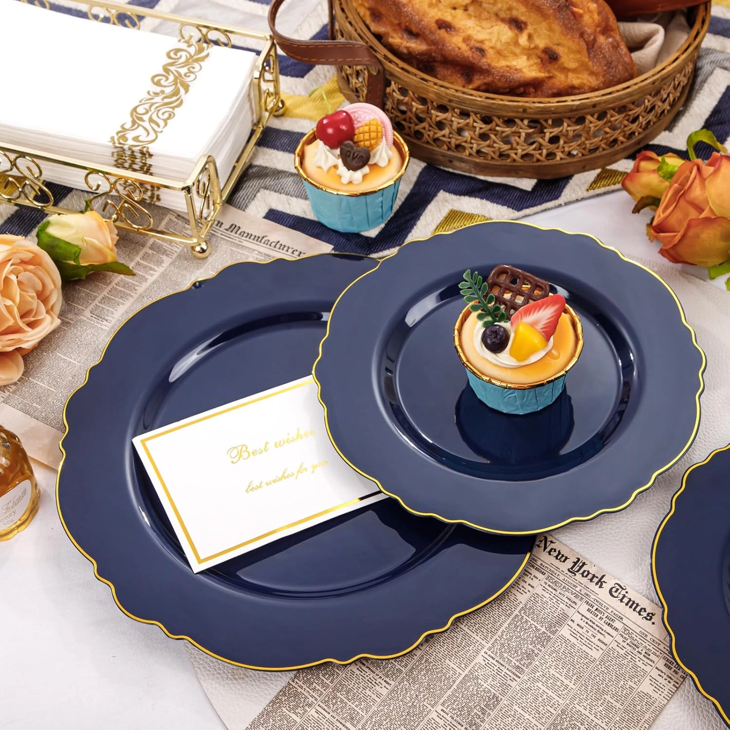 Blue And Gold Baroque Plastic Plates (100 Pieces) — view 13
