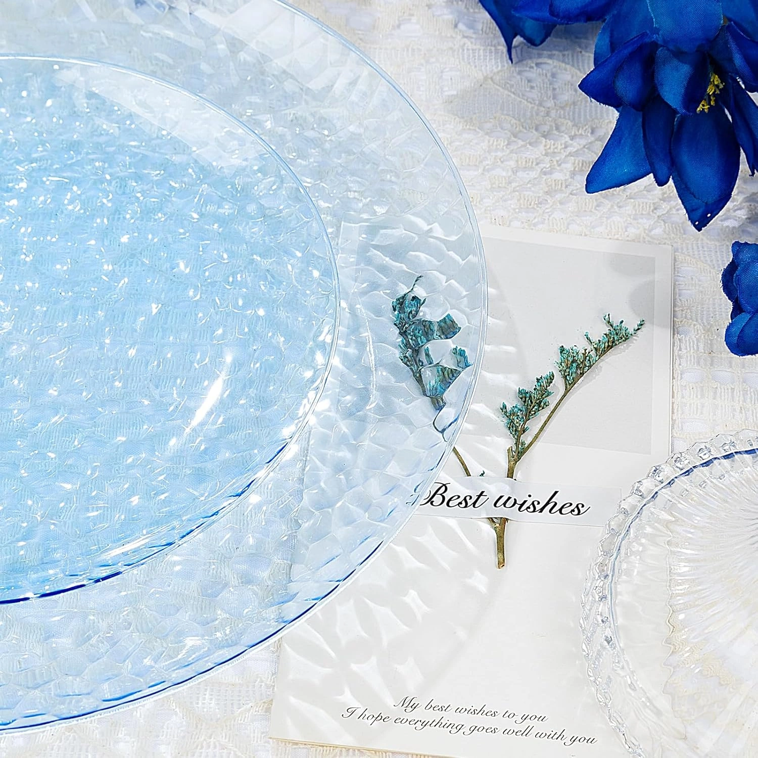 Clear Blue Plastic Plates,Disposable Plates With Rim,Heavy-duty Plates,Hammered Party Plates Include 30Clear Dessert-Platos,30Dinner-Platos for Wedding, Party (100 Pieces) — view 12