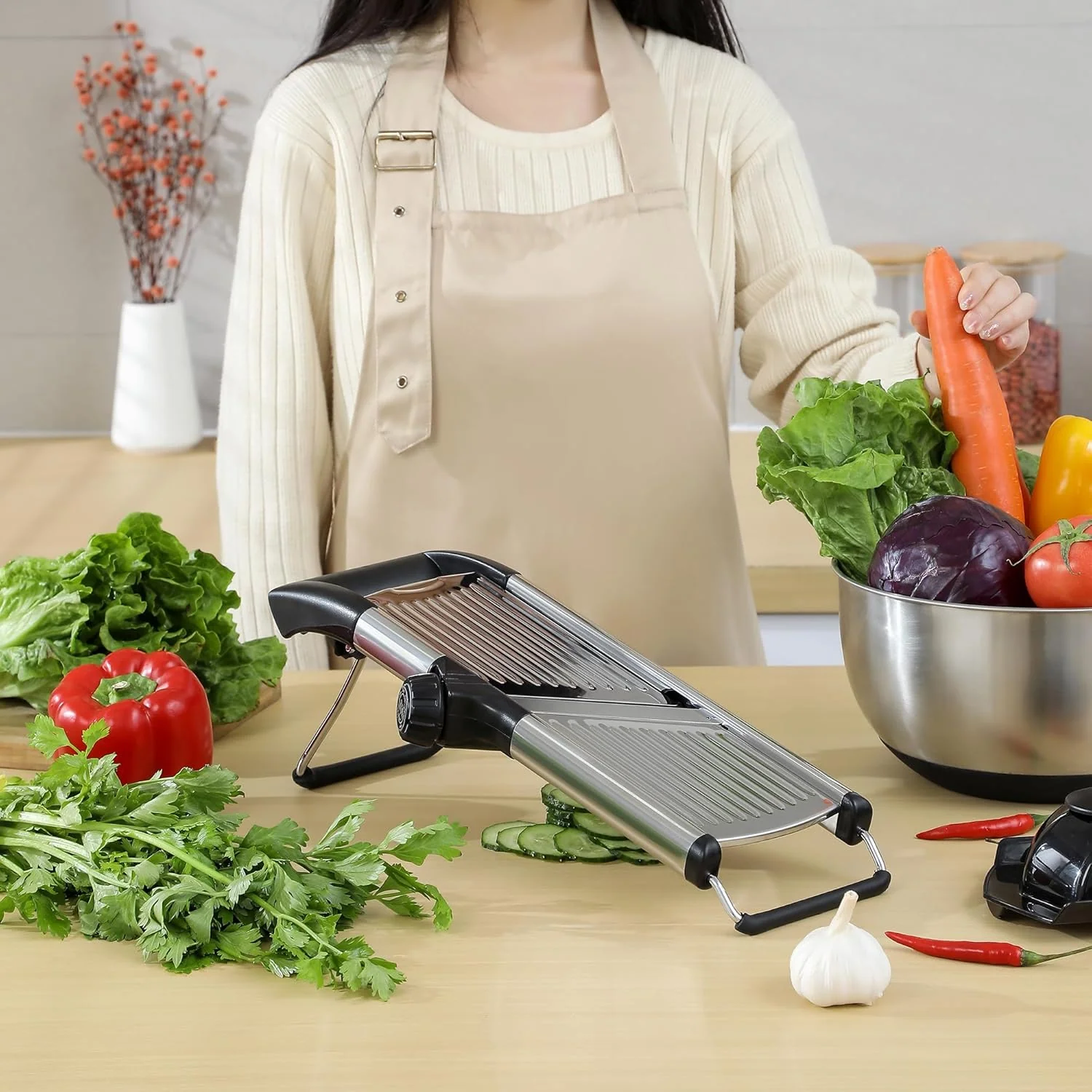 Black Adjustable Mandoline Food Slicer for Kitchen-Mandolin,Potato,Tomato,Carrot,Vegetable,Fruit and Onion Cutter-Adjustable Stainless Steel-Include 1 Pair Cut-Resistant Gloves — view 10