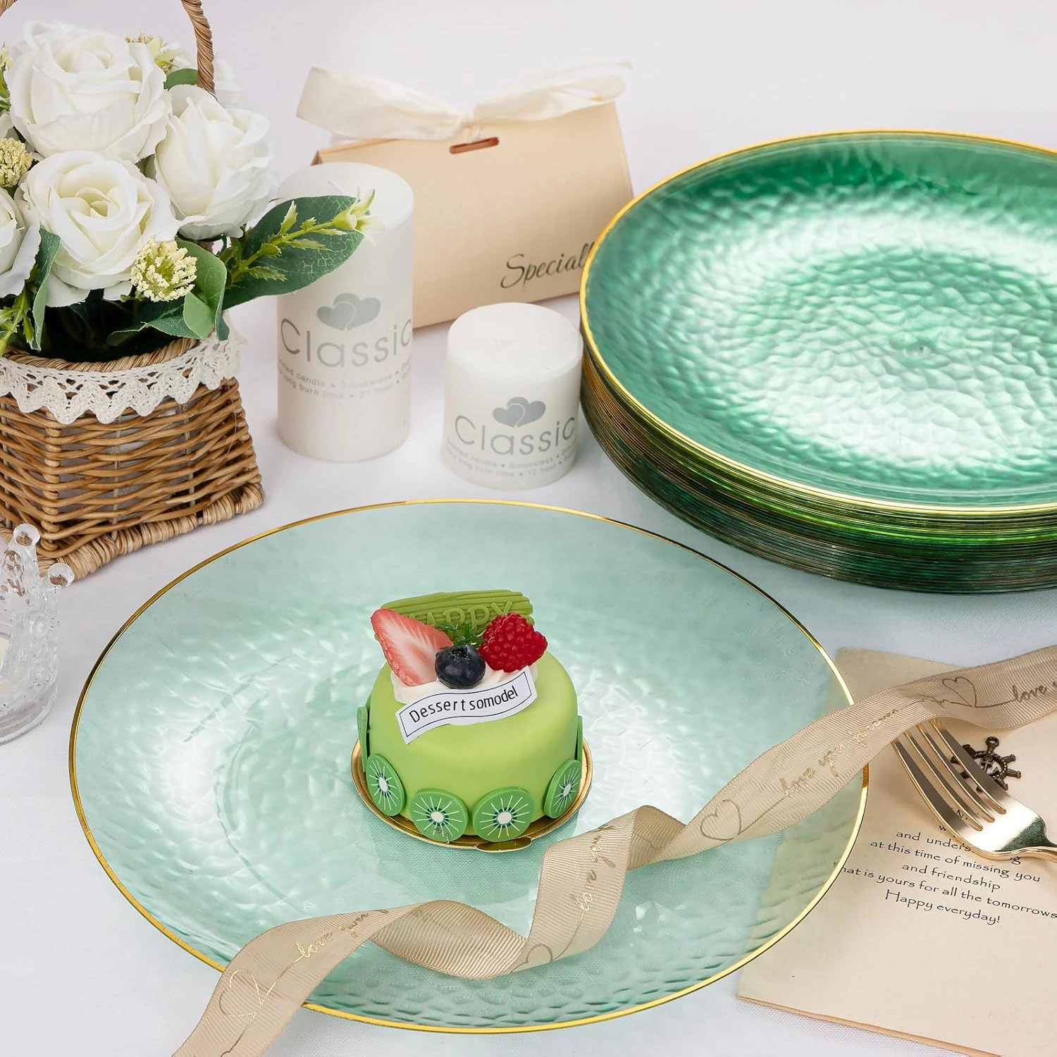 Clear Green Gold Plastic Plates,Disposable Plates With Rim,Heavy-duty Plates,Hammered Party Plates Include 30Clear Dessert-Platos,30Dinner-Platos for Wedding, Party — view 10