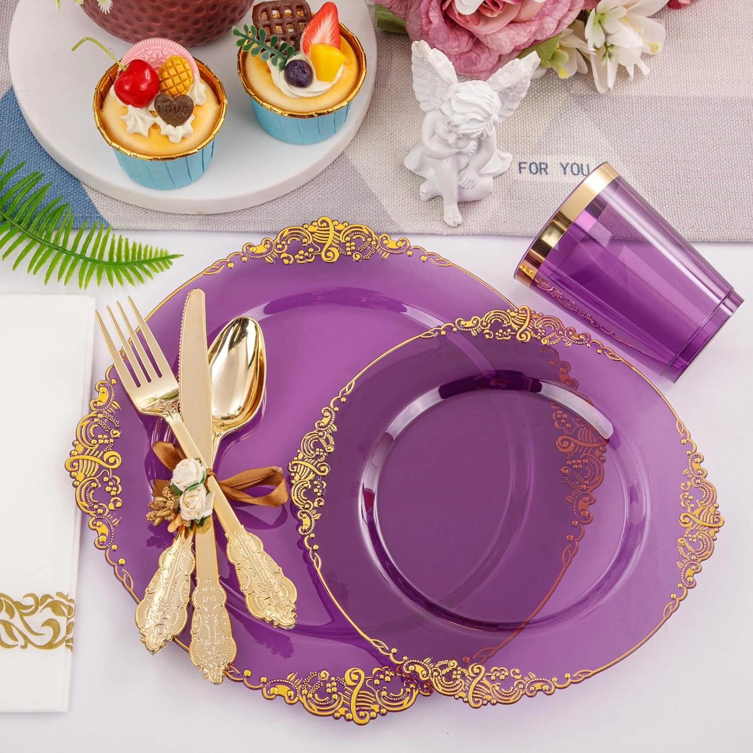 Purple & Gold Dinnerware Set for 50 Guests — view 12