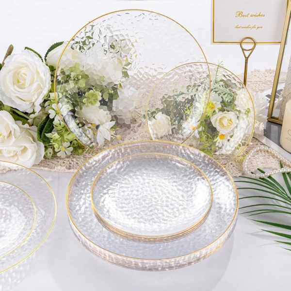 Clear Gold Plastic Plates,Disposable Plates With Rim,Heavy-duty Plates,Hammered Party Plates Include 30Clear Dessert-Platos,30Dinner-Platos for Wedding, Party — view 13