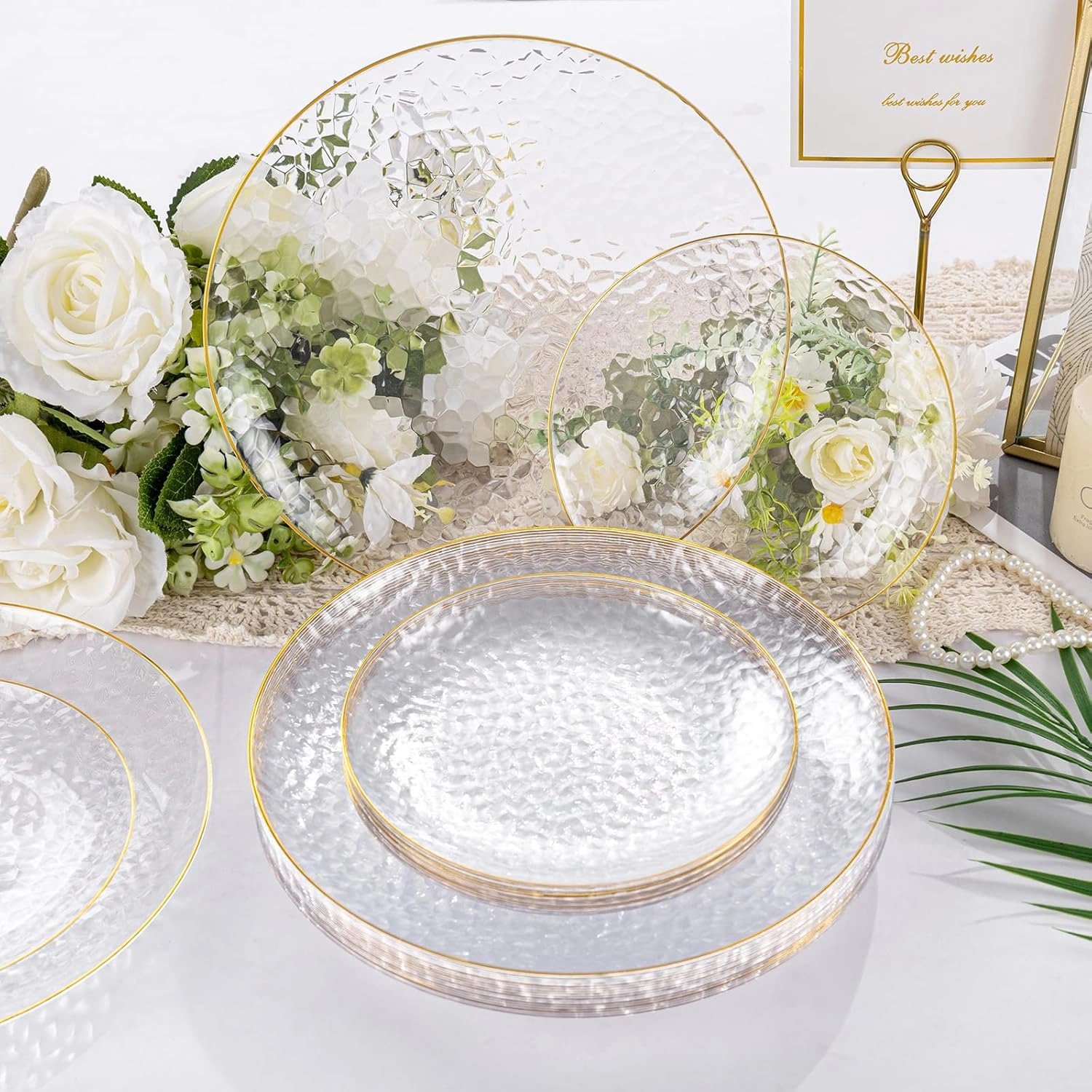 Clear Gold Plastic Plates,Disposable Plates With Rim,Heavy-duty Plates,Hammered Party Plates Include 30Clear Dessert-Platos,30Dinner-Platos for Wedding, Party — view 13