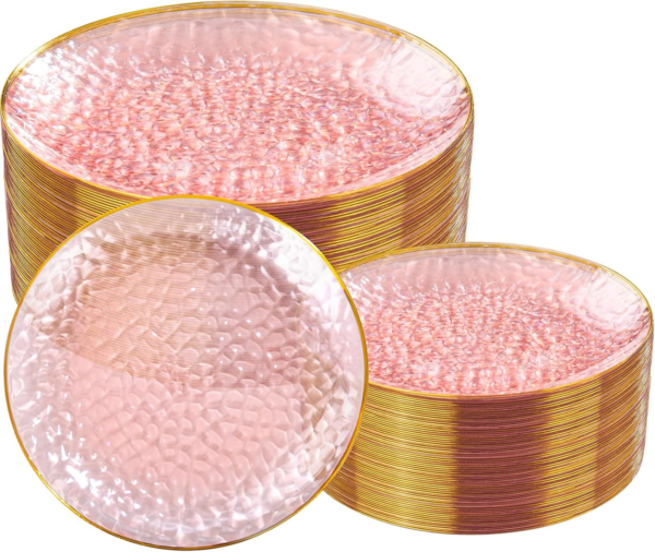 Clear Pink Gold Plastic Plates,Disposable Plates With Rim,Heavy-duty Plates,Hammered Party Plates Include 30Clear Dessert-Platos,30Dinner-Platos for Wedding, Party — view 9