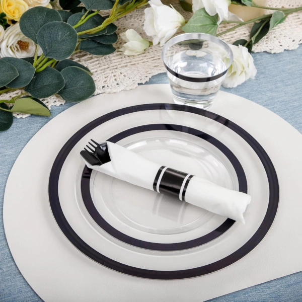 Clear Black Dark Plastic Plates, Disposable Plates for , Dinnerware Include 50 Dinner Plates 50 Dessert Plates, 50 Cups, 50 Pre Rolled Napkins with Cutlery Set for Party — view 10