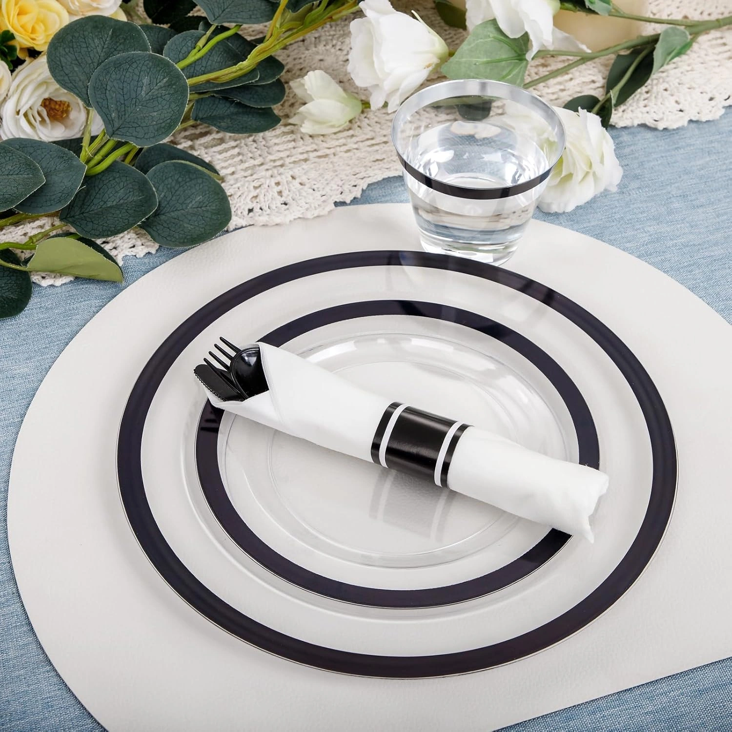 Clear Black Dark Plastic Plates, Disposable Plates for , Dinnerware Include 50 Dinner Plates 50 Dessert Plates, 50 Cups, 50 Pre Rolled Napkins with Cutlery Set for Party — view 10