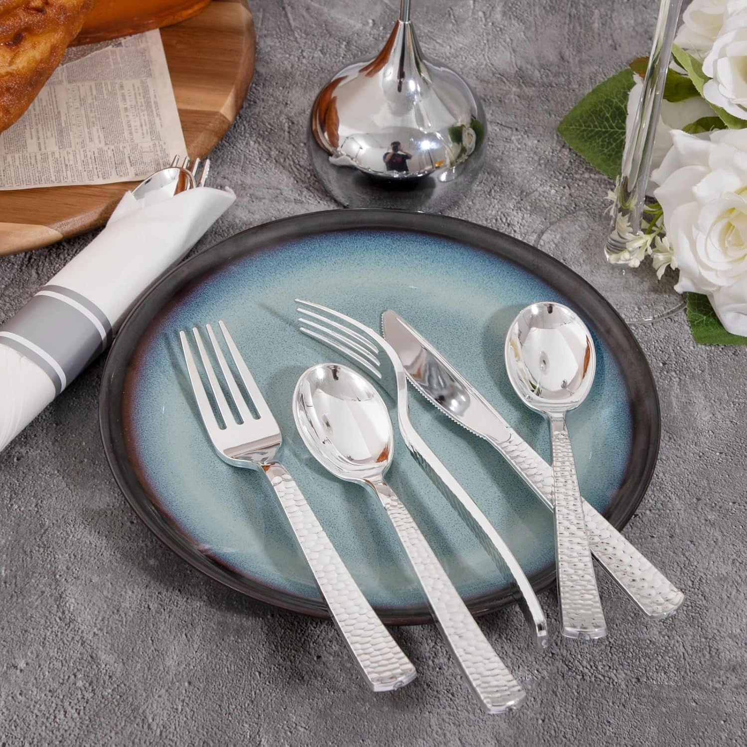 Silver Hammered Pre Rolled Plastic Silverware Sets — view 12