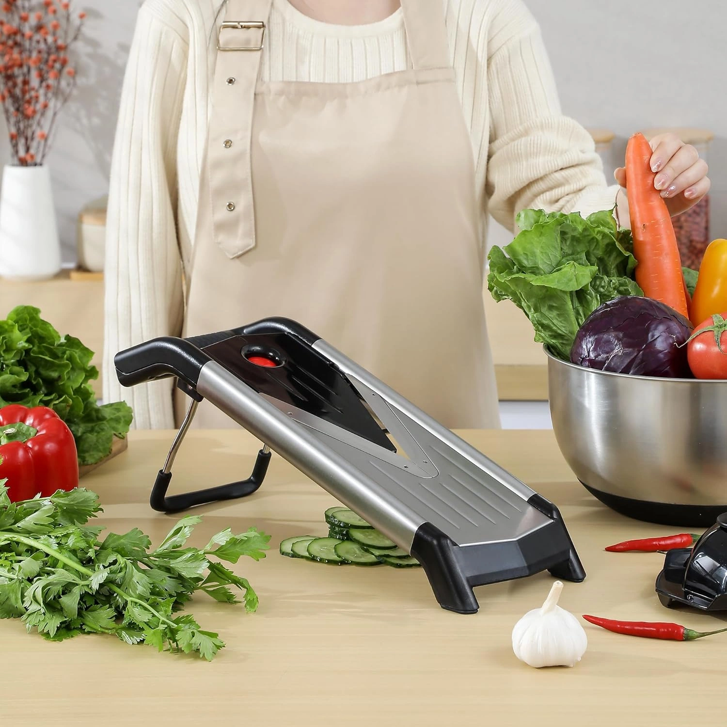 Silver Adjustable Mandoline Food Slicer for Kitchen-Mandolin,Potato,Tomato,Carrot,Vegetable,Fruit and Onion Cutter-Adjustable Stainless Steel-Include 1 Pair Cut-Resistant Gloves — view 10