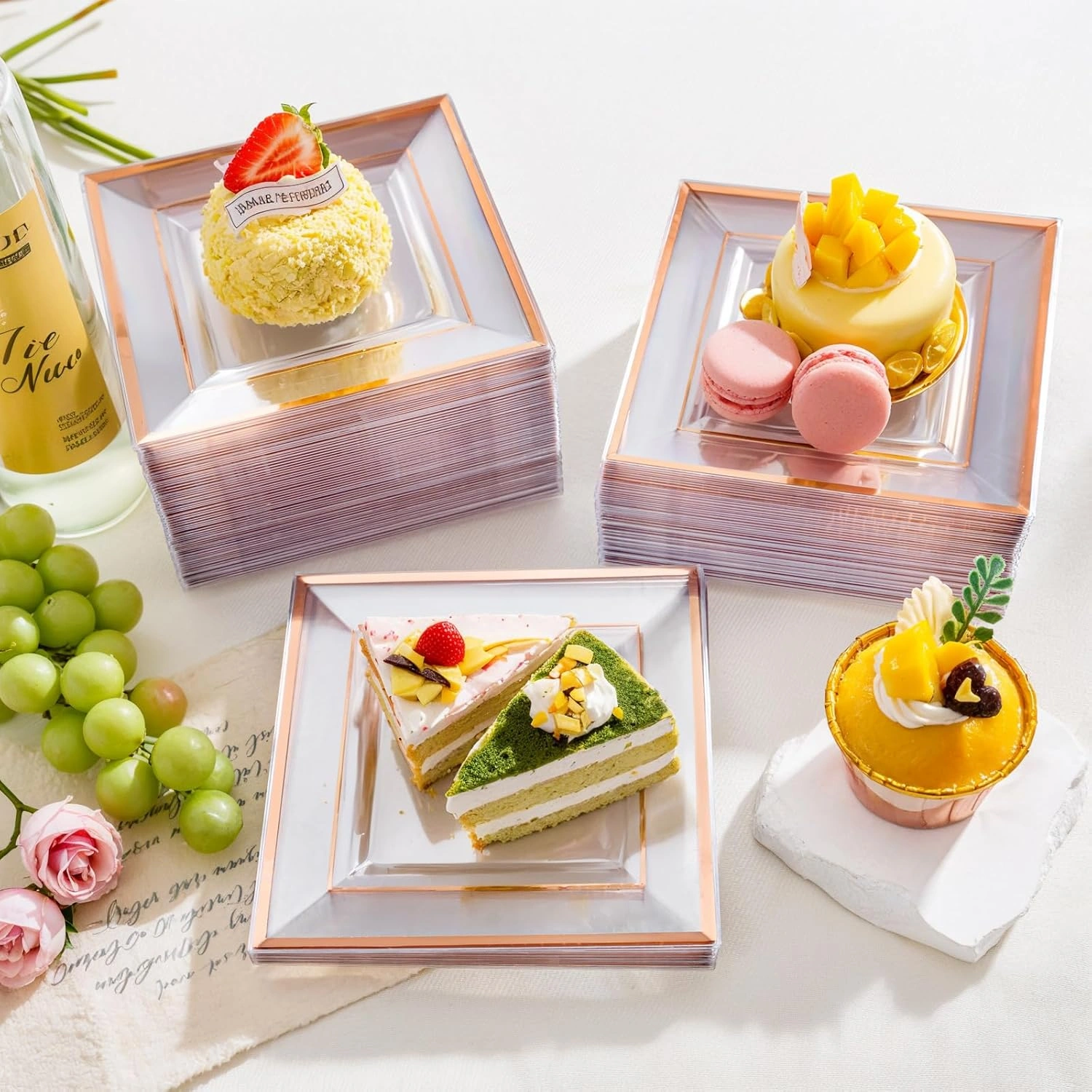 Clear Rose Gold Square Plastic Plates-6inch Disposable Cake Plates- Premium Hard Square Small Appetizer Plates for Wedding/Party — view 15