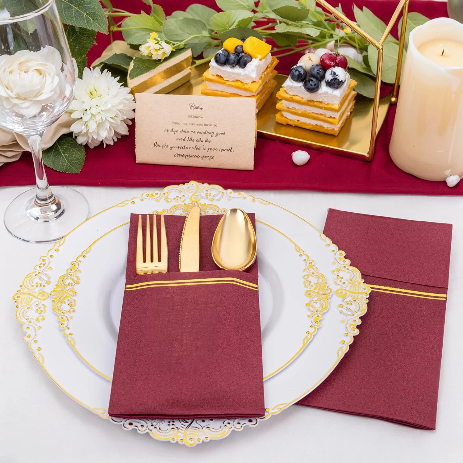 Burgundy Red Paper Napkins with Built-in Flatware Pocket — view 12