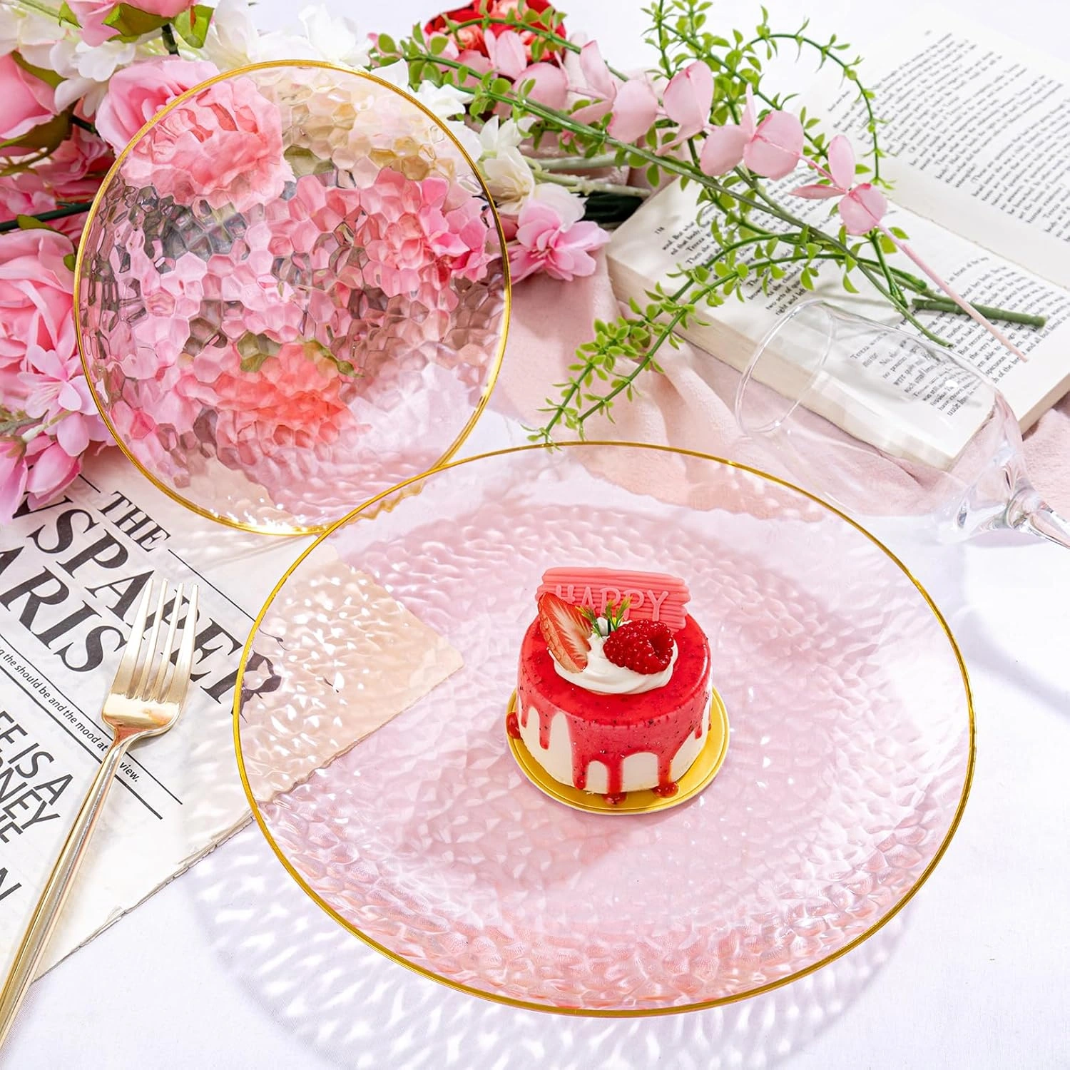 Clear Pink Gold Plastic Plates,Disposable Plates With Rim,Heavy-duty Plates,Hammered Party Plates Include 30Clear Dessert-Platos,30Dinner-Platos for Wedding, Party — view 13
