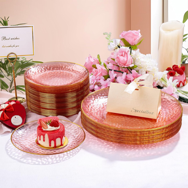 Clear Pink Gold Plastic Plates,Disposable Plates With Rim,Heavy-duty Plates,Hammered Party Plates Include 30Clear Dessert-Platos,30Dinner-Platos for Wedding, Party — view 14