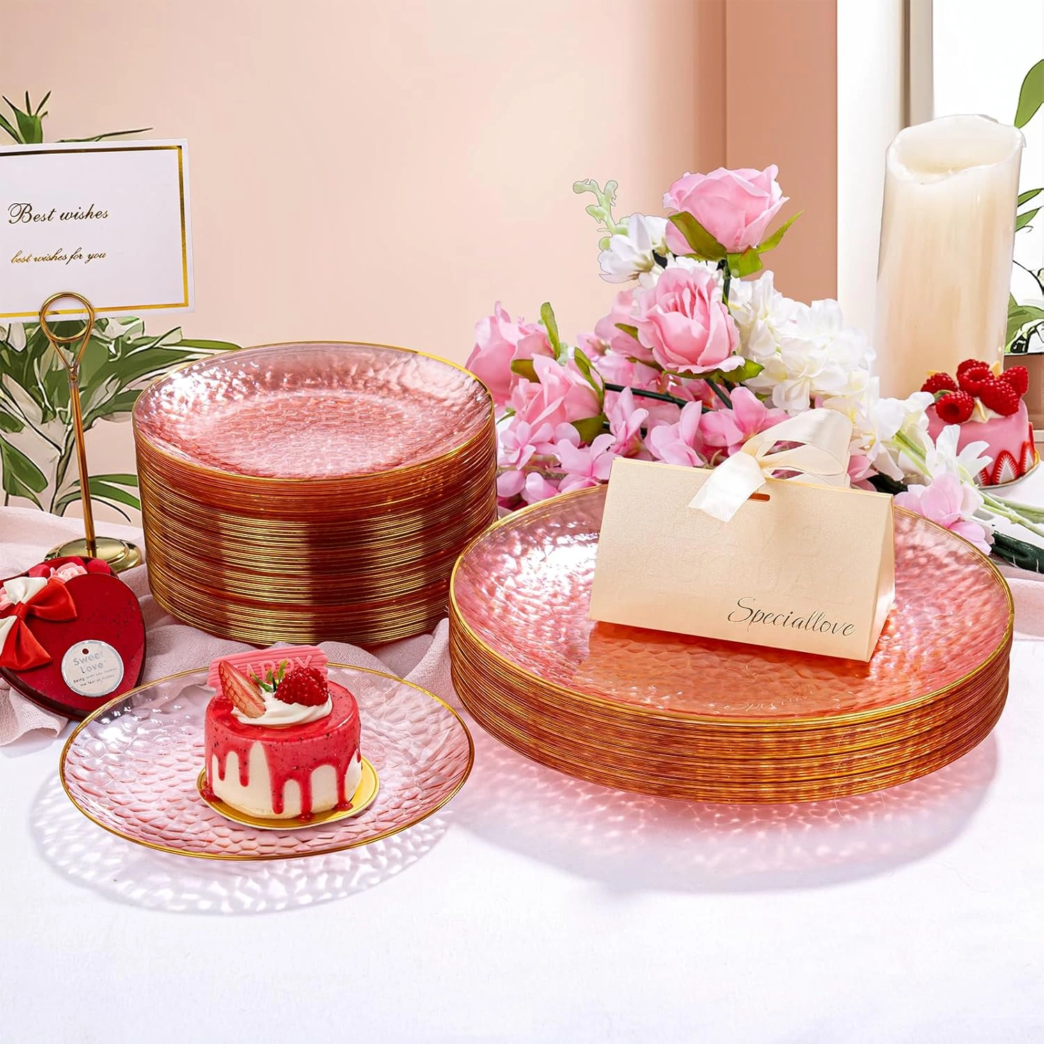 Clear Pink Gold Plastic Plates,Disposable Plates With Rim,Heavy-duty Plates,Hammered Party Plates Include 30Clear Dessert-Platos,30Dinner-Platos for Wedding, Party — view 14