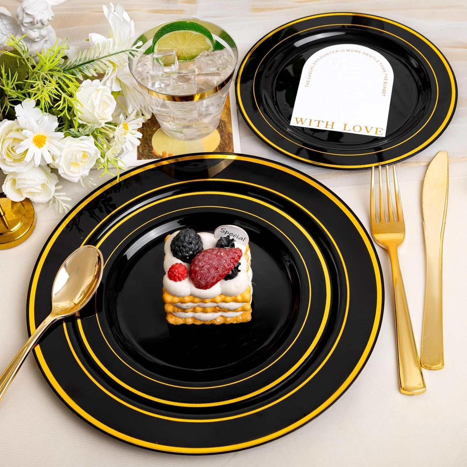 Black Gold Trim Deluxe Disposable Dinnerware Set — view 14