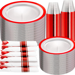 Clear Red Dark Plastic Plates, Disposable Plates for , Dinnerware Include 50 Dinner Plates 50 Dessert Plates, 50 Cups, 50 Pre Rolled Napkins with Cutlery Set for Party — view 10