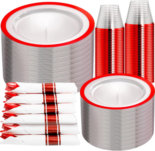 Clear Red Dark Plastic Plates, Disposable Plates for , Dinnerware Include 50 Dinner Plates 50 Dessert Plates, 50 Cups, 50 Pre Rolled Napkins with Cutlery Set for Party — view 10