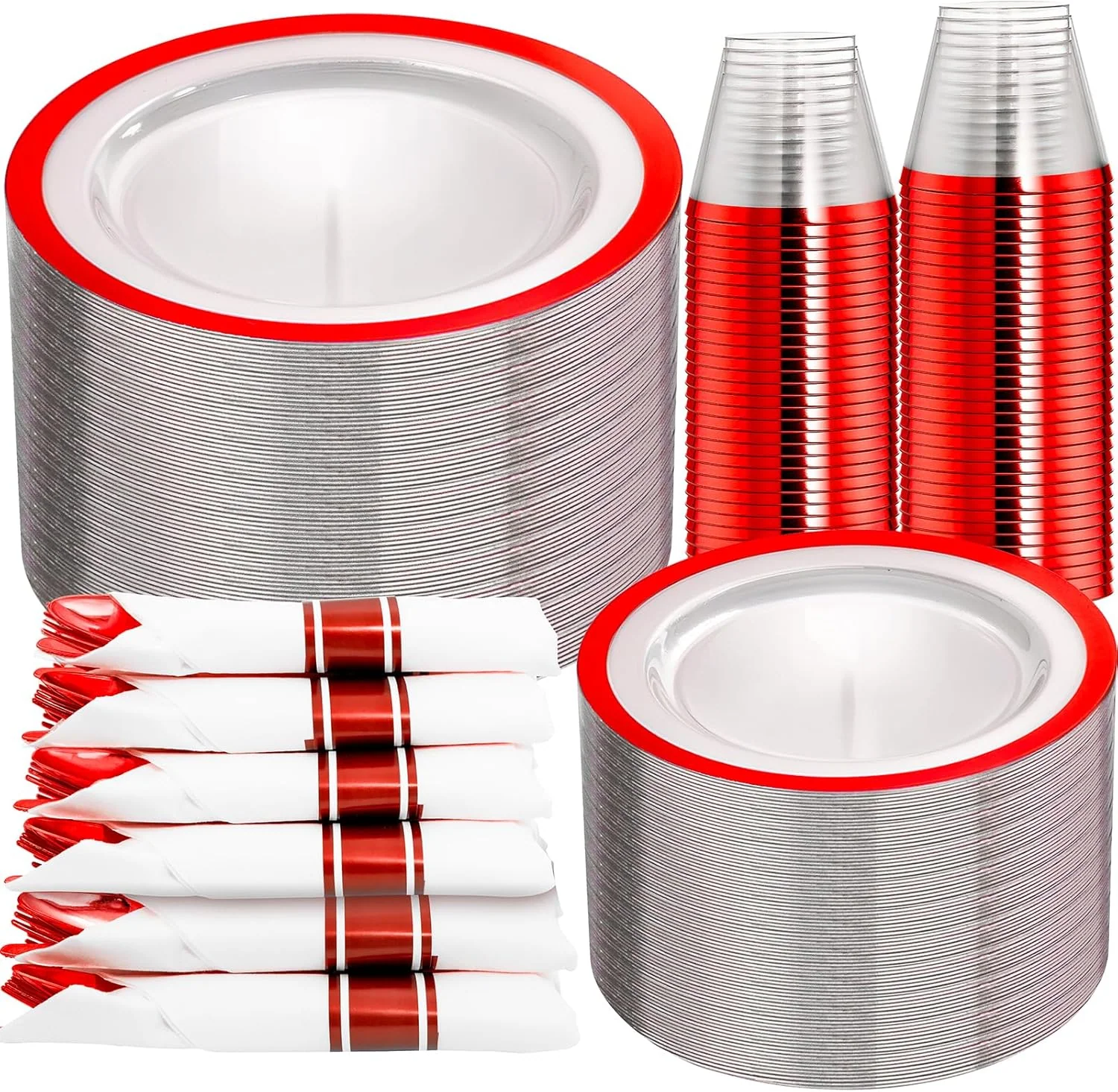Clear Red Dark Plastic Plates, Disposable Plates for , Dinnerware Include 50 Dinner Plates 50 Dessert Plates, 50 Cups, 50 Pre Rolled Napkins with Cutlery Set for Party — view 10