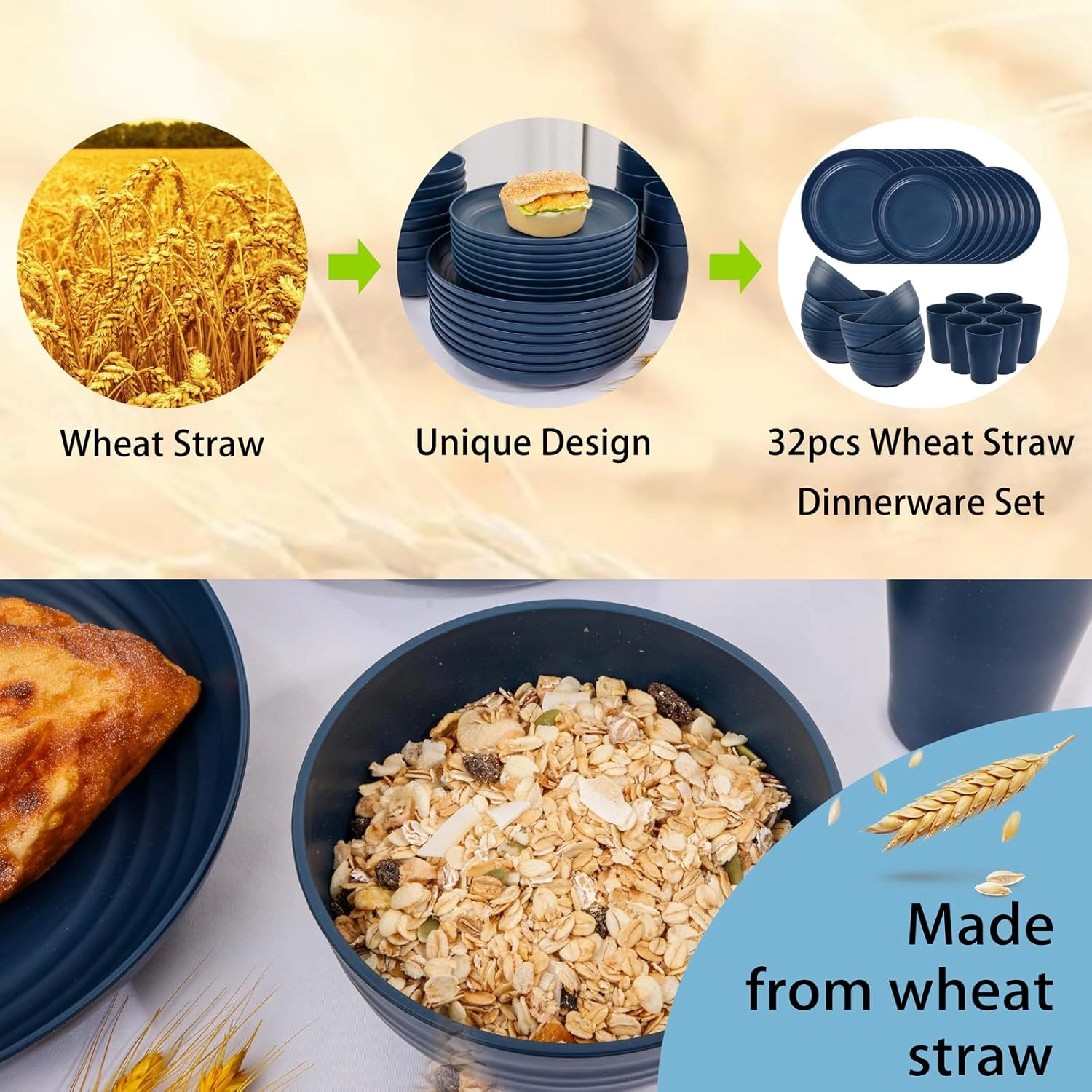 Dark BlueWheat Straw Dinnerware Sets for 8,Microwave Dishwasher Safe,Unbreakable ,Reusable Tableware Set,Beige Set Plates, Bowls, Cups. — view 14