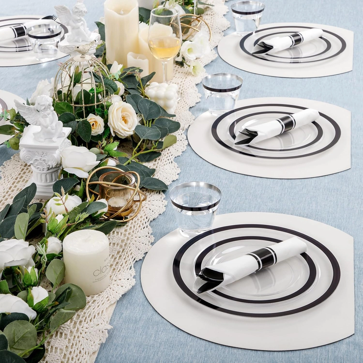 Clear Black Dark Plastic Plates, Disposable Plates for , Dinnerware Include 50 Dinner Plates 50 Dessert Plates, 50 Cups, 50 Pre Rolled Napkins with Cutlery Set for Party — view 14