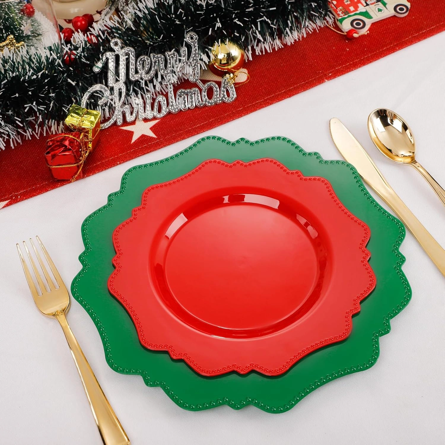 Red+Green Disposable Plastic Plates-Heavy duty plate for party/wedding/anniversary 30 dinner plates and 30 dessert/salad plates — view 15