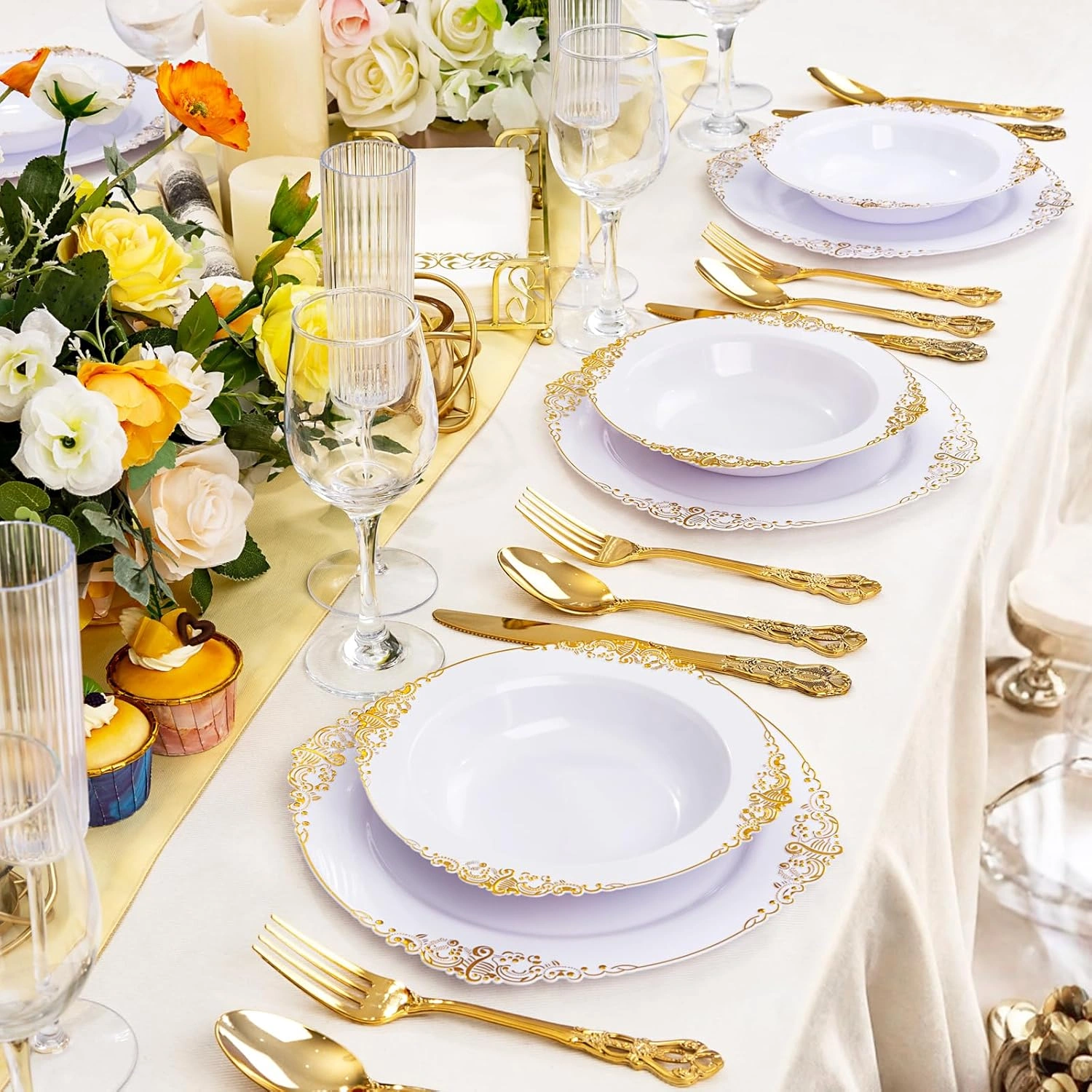 Gold Plastic Bowls- 12 oz White Disposable Salad Bowls — view 16