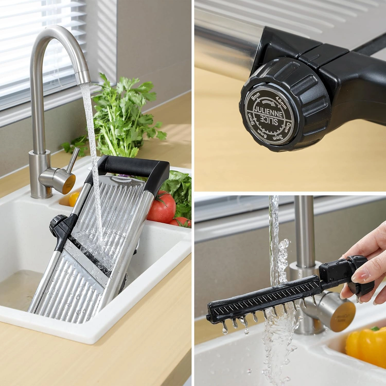 Black Adjustable Mandoline Food Slicer for Kitchen-Mandolin,Potato,Tomato,Carrot,Vegetable,Fruit and Onion Cutter-Adjustable Stainless Steel-Include 1 Pair Cut-Resistant Gloves — view 13