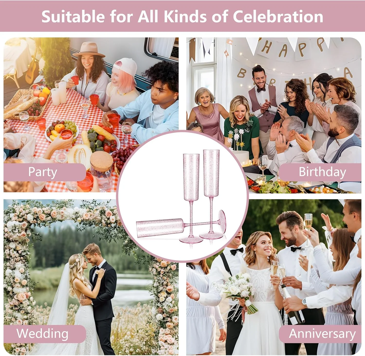 Rose Gold Glitter YOUBET Champagne Flutes Plastic — view 15