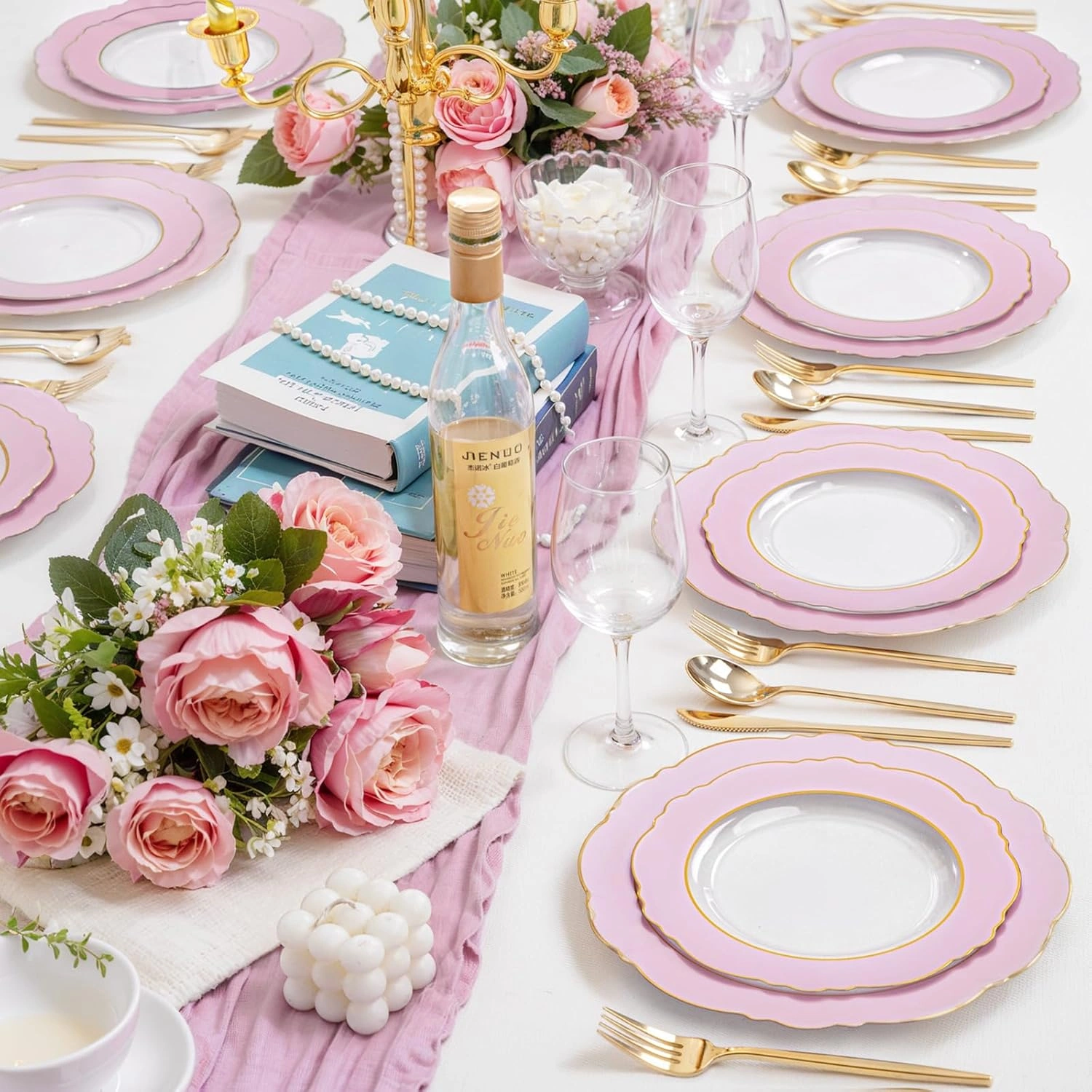 Clear Pink With Gold Rim Baroque Plastic Plates (60 Pieces) — view 12