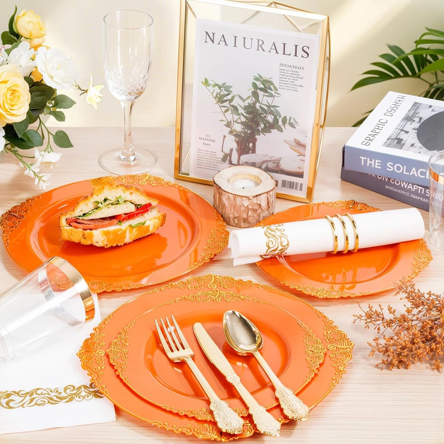 Orange & Gold Dinnerware Set for 25 Guests — view 12
