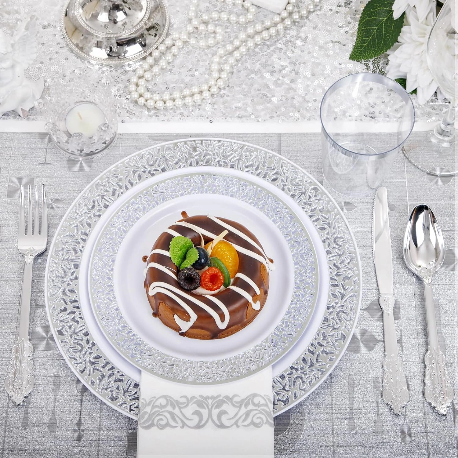 Silver Lace Design Deluxe Disposable Dinnerware Set with Napkins — view 12