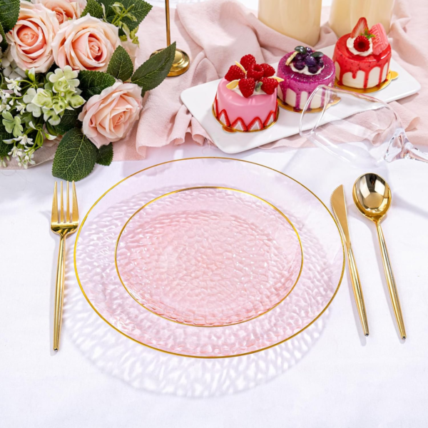 Clear Pink Gold Plastic Plates,Disposable Plates With Rim,Heavy-duty Plates,Hammered Party Plates Include 30Clear Dessert-Platos,30Dinner-Platos for Wedding, Party — view 10