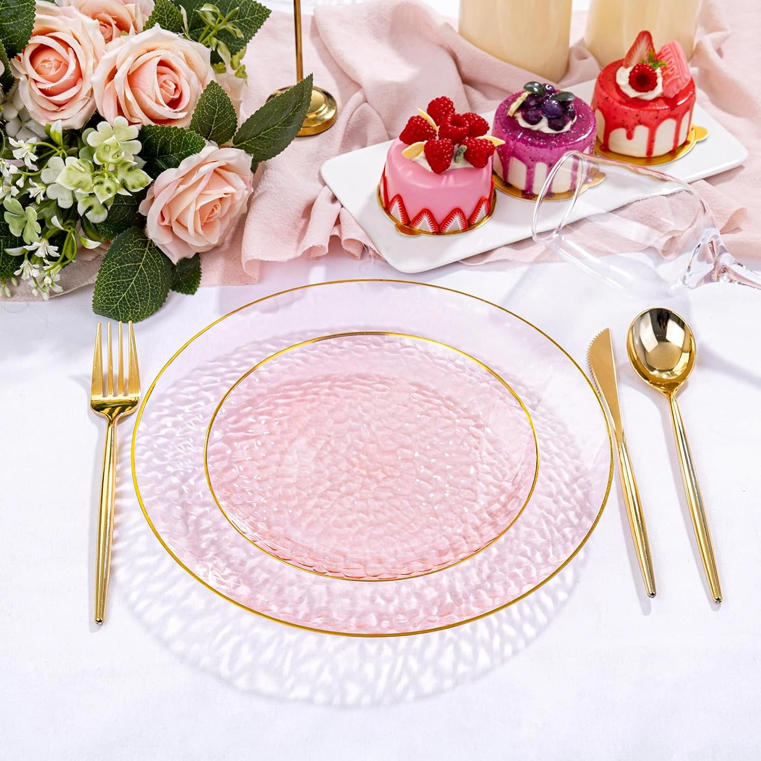 Clear Pink Gold Plastic Plates,Disposable Plates With Rim,Heavy-duty Plates,Hammered Party Plates Include 30Clear Dessert-Platos,30Dinner-Platos for Wedding, Party — view 10